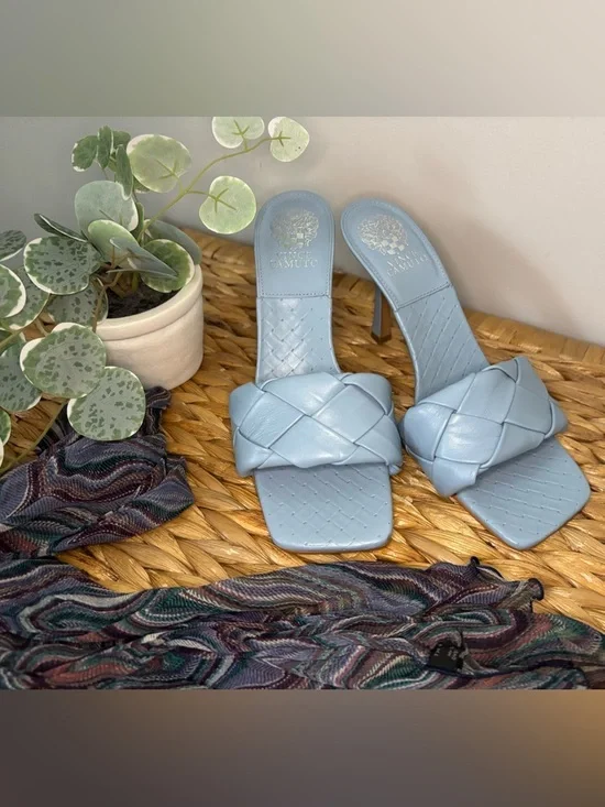 Vince Camuto Light Blue Woven Slide Heels - Picture 1 of 15